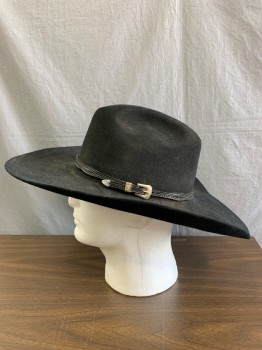 Mens, Cowboy Hat, John B. Stetson, Black, Wool, Solid, 7 1/8, Cattleman Shaped, Black Strap with Silver Buckle