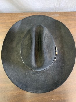 Mens, Cowboy Hat, John B. Stetson, Black, Wool, Solid, 7 1/8, Cattleman Shaped, Black Strap with Silver Buckle