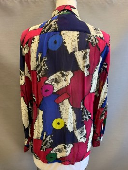 Womens, Blouse, TONI DRESS, Multi-color, Magenta Pink, Royal Blue, Off White, Black, Silk, Abstract , B<42", L, Chiffon, Long Sleeves, Button Front, Collar Attached, 1 Faux "Welt Pocket" at Chest, Oversized,