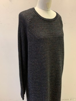 Womens, Dress, Long & 3/4 Sleeve, MICHELLE MASON, Black, Multi-color, Metallic, Wool, Polyester, Speckled, M, Horizontally Ribbed Knit with Multicolor Glitter, Raglan Sleeves, Crew Neck, Boxy Shift Dress, Ankle Length