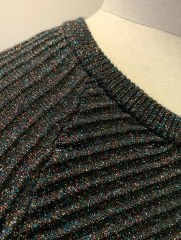 Womens, Dress, Long & 3/4 Sleeve, MICHELLE MASON, Black, Multi-color, Metallic, Wool, Polyester, Speckled, M, Horizontally Ribbed Knit with Multicolor Glitter, Raglan Sleeves, Crew Neck, Boxy Shift Dress, Ankle Length