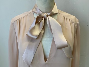 ALICE & OLIVIA, Blush Pink, Silk, Solid, Pullover, Long Sleeves, Satin Pussy Bow and Button Cuffs, V-neck, Has Stain on Left Shoulder See Detail Photo,