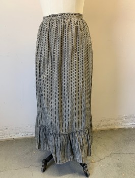 Womens, Skirt 1890s-1910s, N/L, Gray, Black, Cream, Cotton, Stripes - Vertical , Calico , W:28, 1" Wide Self Waistband, Gathered at Waist, Self Ruffle at Hem, Ankle Length,
