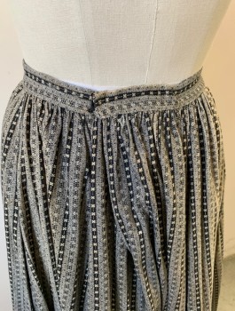 Womens, Skirt 1890s-1910s, N/L, Gray, Black, Cream, Cotton, Stripes - Vertical , Calico , W:28, 1" Wide Self Waistband, Gathered at Waist, Self Ruffle at Hem, Ankle Length,