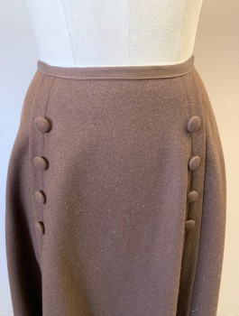 Womens, Skirt 1890s-1910s, N/L MTO, Brown, Wool, Solid, W:27, Vertical Pleat at Each Side of Front with 4 Fabric Buttons Along Each Side, 1/2" Wide Grosgrain Waistband, Floor Length, Hook & Eye Closures, Made To Order