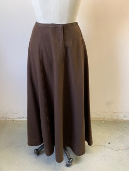 Womens, Skirt 1890s-1910s, N/L MTO, Brown, Wool, Solid, W:27, Vertical Pleat at Each Side of Front with 4 Fabric Buttons Along Each Side, 1/2" Wide Grosgrain Waistband, Floor Length, Hook & Eye Closures, Made To Order