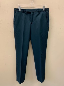PAUL SMITH, Teal Blue, Wool, Solid, F.F, Side Pockets, Zip Front, Belt Loops