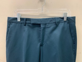 PAUL SMITH, Teal Blue, Wool, Solid, F.F, Side Pockets, Zip Front, Belt Loops