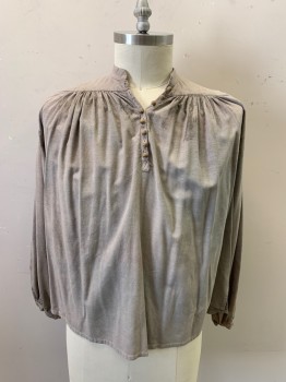 Mens, Historical Fiction Tunic, NL, Dove Gray, Cotton, Solid, L, Aged, Reproduction, L/S, 8 Wooden Beads at Chest, Gathered at Chest/Shoulder Meeting