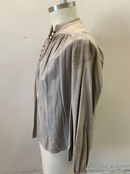 Mens, Historical Fiction Tunic, NL, Dove Gray, Cotton, Solid, L, Aged, Reproduction, L/S, 8 Wooden Beads at Chest, Gathered at Chest/Shoulder Meeting