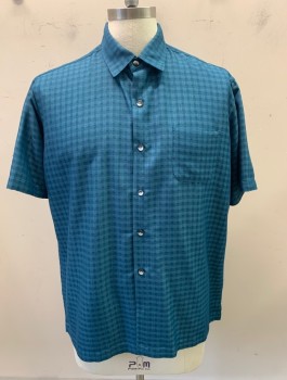VAN HEUSEN, Teal Blue, Rayon, Solid, Check , S/S, Button Front, C.A., 1 Pocket, Self Check