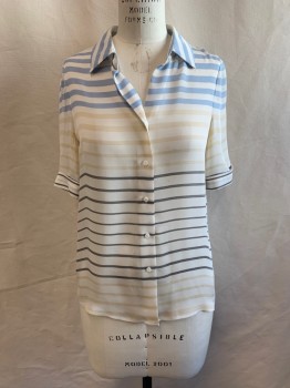L'AGENCE, Off White, Baby Blue, Beige, Gray, Silk, Stripes, Collar Attached, Button Front, Short Sleeves, Folded Cuffs *Small Black Stain on Left Chest*