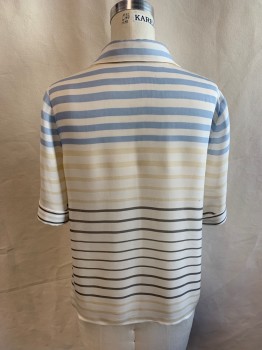 L'AGENCE, Off White, Baby Blue, Beige, Gray, Silk, Stripes, Collar Attached, Button Front, Short Sleeves, Folded Cuffs *Small Black Stain on Left Chest*