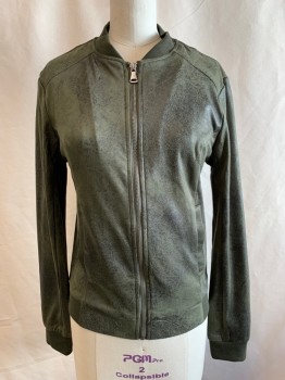 Womens, Leather Jacket, BNCI, Dk Olive Grn, Polyester, Spandex, Solid, XS, Zip Front, Ribbed Knit Bomber Collar, 2 Pockets, Ribbed Knit Waistband/Cuff (BARCODE Underneath Label Flap)