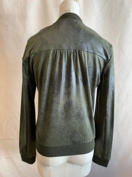 Womens, Leather Jacket, BNCI, Dk Olive Grn, Polyester, Spandex, Solid, XS, Zip Front, Ribbed Knit Bomber Collar, 2 Pockets, Ribbed Knit Waistband/Cuff (BARCODE Underneath Label Flap)