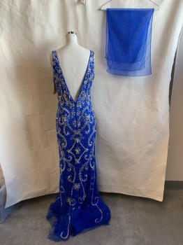 Womens, Evening Gown, ASPEED, Royal Blue, Synthetic, Rhinestones, Solid, S, Sweetheart Neckline with Mesh Panel, Sleeveless, Novelty Beaded & Rhinestoned Detail, Matching Rectangular Mesh Scarf, Open Low Back