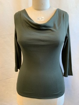 3 DOTS, Dk Olive Grn, Cotton, Modal, Solid, Cowl,  3/4 Sleeve