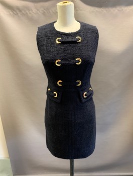 MILLY, Black, Wool, Polyester, Solid, Boucle, C/N,W/ Gold Grommet Lacing at CF, BK Zipper, Faux Front Pockets.