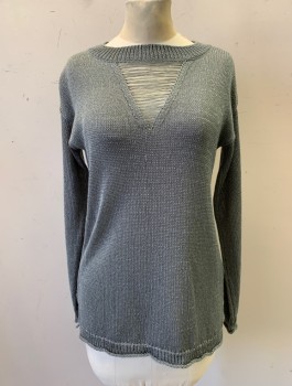 TOP SHOP, Gray, Acrylic, Polyester, Solid, Knit, L/S, Wide Crew Neck with Triangular Cutout with Horizontal Threads, Identical Panel in Back
