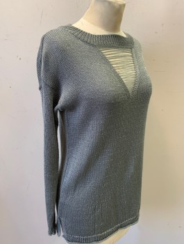 TOP SHOP, Gray, Acrylic, Polyester, Solid, Knit, L/S, Wide Crew Neck with Triangular Cutout with Horizontal Threads, Identical Panel in Back