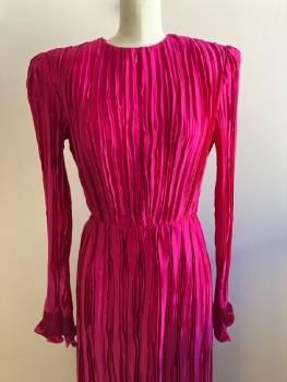 ANDREW GN, Hot Pink, Round Neck, L/S, Plisse Pleats, Zip Front Detail On Bodice, Zip Back,