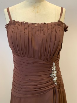 CINDY, Chocolate Brown, Polyester, Solid, Spaghetti Straps, Pleated Bodice With Seed Beads, Pleated Waist with Floral Applique And Beads, CB Zipper,