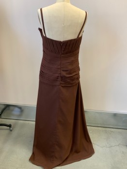CINDY, Chocolate Brown, Polyester, Solid, Spaghetti Straps, Pleated Bodice With Seed Beads, Pleated Waist with Floral Applique And Beads, CB Zipper,