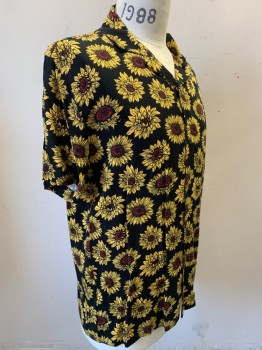 FOREVER 21 MEN, Black, Yellow, Brown, Rayon, Floral, Short Sleeves, Button Front, Collar Attached, Sunflowers