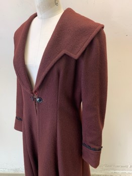Womens, Coat 1890s-1910s, N/L , Red Burgundy, Wool, Solid, W:27, B:36, H:36, Felted Wool, Single Toggle Closure with 2 Buttons at Front, Unusual Square Collar/Lapel with Rounded Back, Folded Cuffs with Black Scallopped Lace Trim, Ankle Length, Made To Order