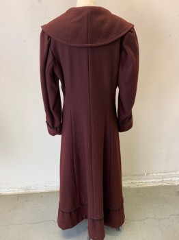 Womens, Coat 1890s-1910s, N/L , Red Burgundy, Wool, Solid, W:27, B:36, H:36, Felted Wool, Single Toggle Closure with 2 Buttons at Front, Unusual Square Collar/Lapel with Rounded Back, Folded Cuffs with Black Scallopped Lace Trim, Ankle Length, Made To Order