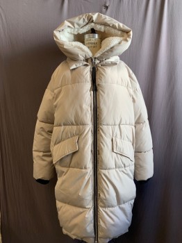 Womens, Coat, Winter, BAGATELLE, Almond, Polyester, Solid, S, Puffer, Zip Front, Snap Panels on Both Sides of Zipper, 2 Flap Snap Pockets, Side Seam Zips, Hood Attached with White Faux Fur Interior, Collar Outside of Hood, Long Sleeves, Knee Length
