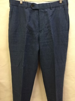 BROOKS BROTHERS, Slate Blue, Beige, Linen, Stripes - Pin, Flat Front, Button Tab, 4 Pockets,