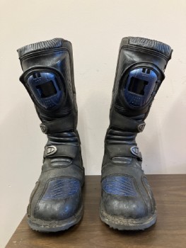 N/L MTO, Black, Blue, Leather, Rubber, Tactical Futuristic Boots, Panels of Aged Leather, Rose Gold Buckles and Attachments, Just Below Knee Length, Made To Order, Multiples