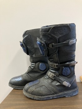 Mens, Sci-Fi/Fantasy Boots , N/L MTO, Black, Blue, Leather, Rubber, Sz.11, Tactical Futuristic Boots, Panels of Aged Leather, Rose Gold Buckles and Attachments, Just Below Knee Length, Made To Order, Multiples