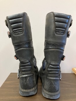 Mens, Sci-Fi/Fantasy Boots , N/L MTO, Black, Blue, Leather, Rubber, Sz.11, Tactical Futuristic Boots, Panels of Aged Leather, Rose Gold Buckles and Attachments, Just Below Knee Length, Made To Order, Multiples