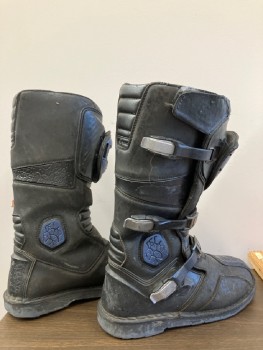 N/L MTO, Black, Blue, Leather, Rubber, Tactical Futuristic Boots, Panels of Aged Leather, Rose Gold Buckles and Attachments, Just Below Knee Length, Made To Order, Multiples