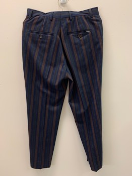 SCOTCH & SODA, Navy Blue, Brick Red, Dk Brown, Wool, Polyester, Stripes - Vertical , F.F, Side Pockets, Zip Front, Belt Loops