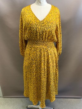 ANTHROPOLOGIE, Goldenrod Yellow, Mustard Yellow, Black, Lt Brown, White, Polyester, Viscose, Circles, Stripes - Horizontal , V-N, L/S, Pleated, Gathered Shirred Waist, Fit & Flare, Hem Below Knee