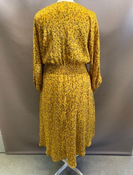 ANTHROPOLOGIE, Goldenrod Yellow, Mustard Yellow, Black, Lt Brown, White, Polyester, Viscose, Circles, Stripes - Horizontal , V-N, L/S, Pleated, Gathered Shirred Waist, Fit & Flare, Hem Below Knee