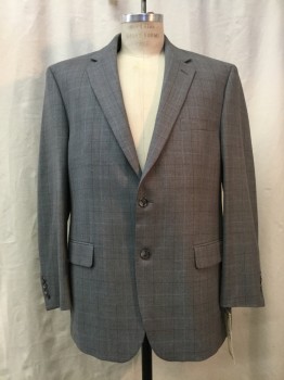 CALVIN KLEIN, Heather Gray, Dusty Blue, Dk Gray, Wool, Plaid, Heather Gray, Dusty Blue & Dark Gray Plaid, Notched Lapel, Collar Attached, 2 Buttons,  3 Pockets,