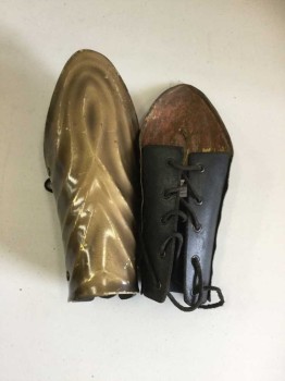 Unisex, Historical Fiction Greaves, NO LABEL, Black, Gold, Leather, Metallic/Metal, Pair, Metal Front Painted Ridged Gold, Leather Lace Up Back,