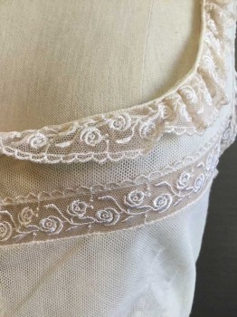 Womens, Camisole 1890s-1910s, M.T.O., Cream, Cotton, B34, Mesh Knit with Floral Embroidered Sheer Ribbon Trim. Covered Button Front, Scoop Neck. Stain On Right Rib Front.