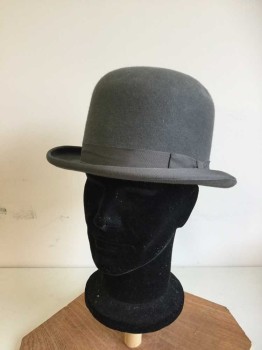 Mens, Bowler Hat 1890s-1910s, PIERONI BRUNO, Gray, Wool, Rayon, Solid, 23", 7 3/8, 58.4cm, Heavy Sized Bowler with Grosgrain Hat Band & Brim Trim