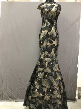 VAVA VOOM, Black, Polyester, Sequins, Floral, Abstract , Black Tulle Over Lt Beige, Ribbon Applique, Sequin Sprays, High Neck, Cap Sleeves, Sleeve, Skirt Fitted To Knee With Flared Hem