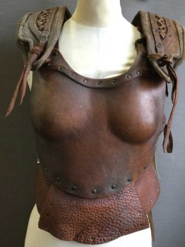 Womens, Historical Fict Breastplate , MTO, Brown, Brass Metallic, Leather, Metallic/Metal, Solid, 34B, Heavy Molded Leather, Braided, Brass Studs, Warrior, Huntress, Barbarian