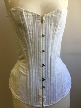 Womens, Corset 1890s-1910s, N/L, Off White, White, Cotton, Floral, 28-30, Off White Floral Brocade, Hook Front, White Lacing Back