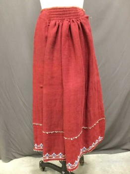 Womens, Apron 1890s-1910s, N/L, Wine Red, Goldenrod Yellow, Brown, Teal Blue, Off White, Wool, Solid, S, Half Apron, Wine, Cross-stitch Embroidery & A Line W/small Shells Hanging Down Hem, Brown/goldenrod Rope Tie Waist, See Photo Attached,