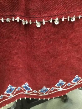 Womens, Apron 1890s-1910s, N/L, Wine Red, Goldenrod Yellow, Brown, Teal Blue, Off White, Wool, Solid, S, Half Apron, Wine, Cross-stitch Embroidery & A Line W/small Shells Hanging Down Hem, Brown/goldenrod Rope Tie Waist, See Photo Attached,