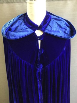 Womens, Historical Fiction Coat, MTO, Royal Blue, French Blue, Synthetic, Silk, Solid, Floral, O/S, Blue Velvet Cape, 4 Buttons, Yoke with Hood, Trimmed with French Blue Floral Velvet, Lined In Blue Synthetic