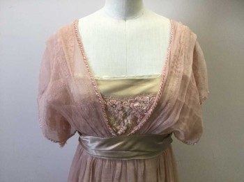 Womens, Evening Dress 1890s-1910s, N/L, Lt Pink, Cream, Blush Pink, Silk, Beaded, Solid, Floral, W:25, B:32, Sheer Crinkled Texture Chiffon at Shoulders/Torso, Cream Satin Panel at Bust with Light Pink Lace/Net, Short Sleeves are Pink Lace Net As Well, Blush Satin Empire Waistband, Multi Tiered Skirt with Crinkled Chiffon on Top, Lace Net Below, and Bottom Layer is More Crinkled Chiffon, Base Layer of Dress is Cream Satin, Square Neck, Floor Length Hem, Made To Order Reproduction, Has Stains at Hem